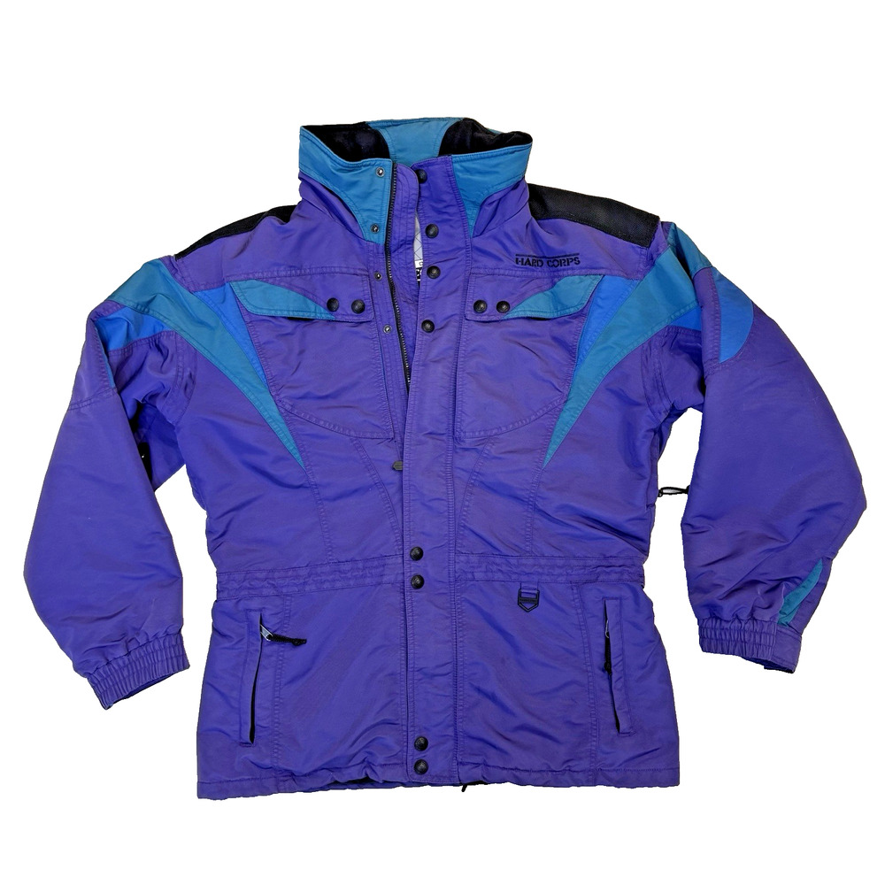 VTG Hard Corps Winters Ski/Snowboarding Jacket Sz L Full Zip Snaps Tuck In Hood